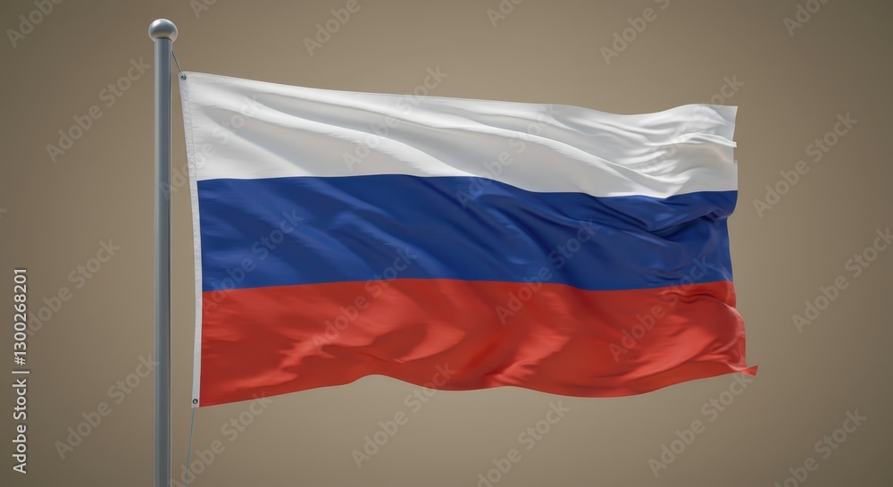 Waving flag of Russia on flagpole against neutral background. National banner for patriotism, politics and state symbols Waving flag of Russia on flagpole against neutral background. National banner for patriotism, politics and state symbols