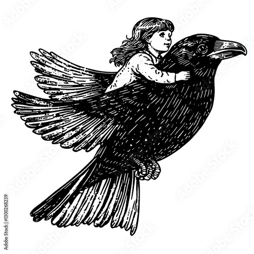 Vector engraved illustration of a child riding a large bird in flight, evoking a sense of adventure and fantasy