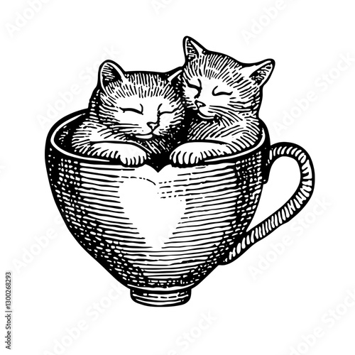 Vector engraved illustration of two sleeping cats nestled together in a teacup, capturing a cozy moment of tranquility and warmth