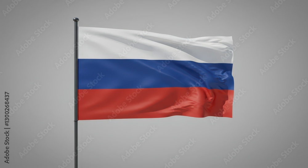 Fototapeta premium Russian Flag waving in the wind. National symbol of the Country on gray background. State patriotism and political relations concept with copy space