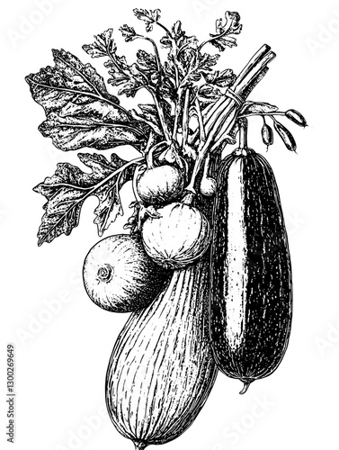 Detailed vector engraved illustration of assorted vegetables including eggplant, radishes, and squash in a rustic style