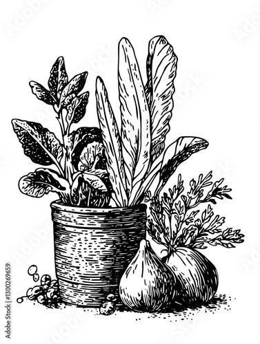 Engraved illustration of herbs and vegetables in a pot with roots and foliage clearly visible