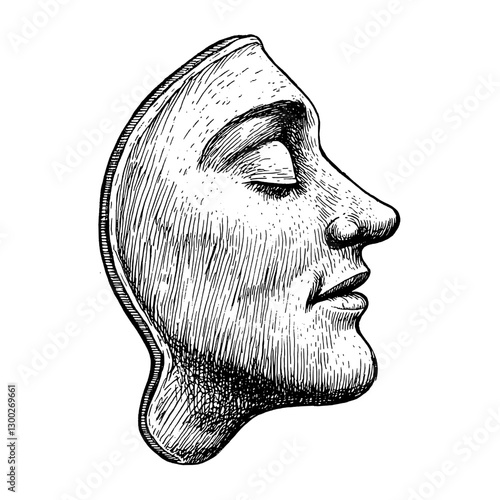 Engraved illustration of a profile view of a face exhibiting serene expression and intricate detailing