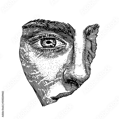 Engraved illustration of a human face capturing intricate details of expression and emotion