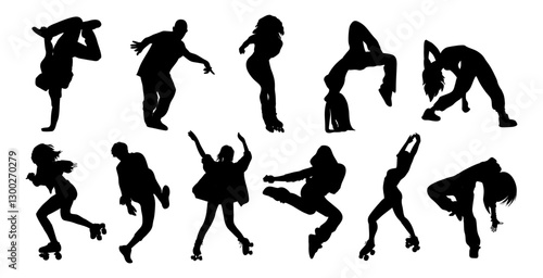 Silhouettes set of teenagers, young people performing different activities - dancing, hip-hop, breakdance, roller skating, rap. Outline monochrome vector drawing isolated