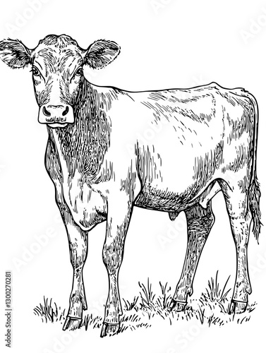 Engraved illustration of a cow standing in a grassy field highlighting farm life and livestock