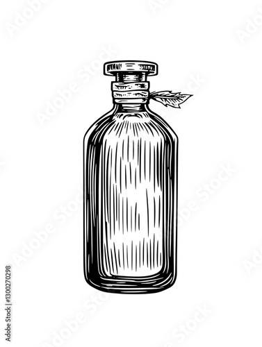 Vector engraved illustration of a vintage glass bottle with a cork and a leaf
