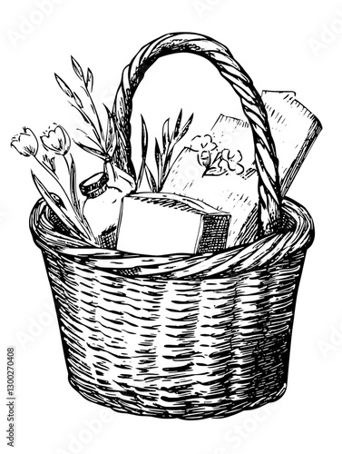 Intricately engraved vector illustration of a basket filled with flowers and goods, showcasing rustic charm and simple beauty