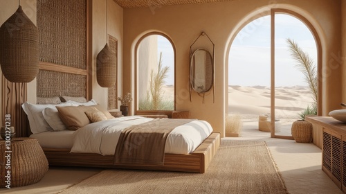 Fototapeta Naklejka Na Ścianę i Meble -  Desert Oasis Bedroom Interior Design Sunlit Beige Room with Wooden Bed and Sand Dune View