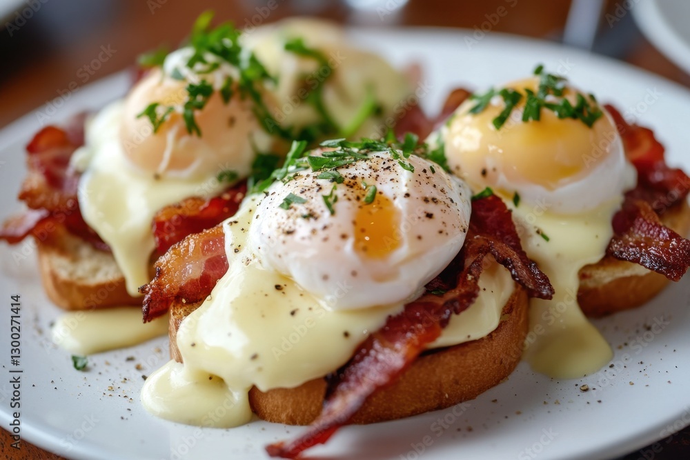 Elevated indulgence: Poached eggs meet crisp bacon atop toasted bread, drizzled with creamy sauce and fresh herbs on a white plate. Elevated indulgence: Poached eggs meet crisp bacon atop toasted bread, drizzled with creamy sauce and fresh herbs on a white plate.