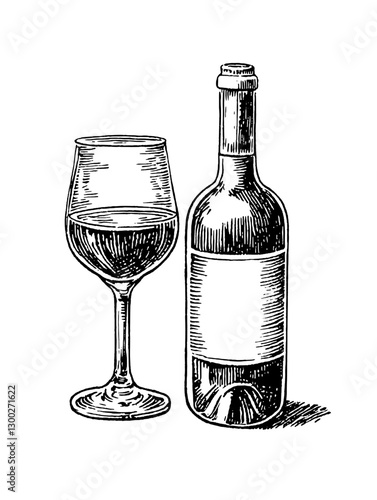 Vector engraved illustration of a wine bottle and glass showcasing vintage style and elegance in a minimalist design