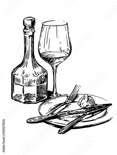 Elegant table setting featuring a glass of wine, a bottle, and fine dining utensils in an engraved illustration style