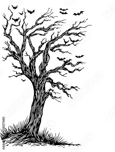 Engraved vector illustration of a spooky tree with bats flying at twilight