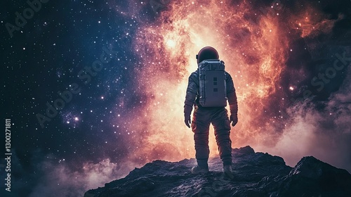 A space explorer standing on the surface of a new planet, with distant stars and galaxies visible in the sky.