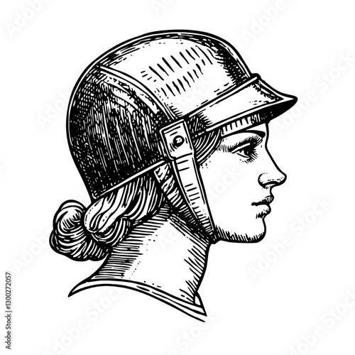 Vector engraved illustration of a helmeted warrior in profile showcasing historical details and artistry