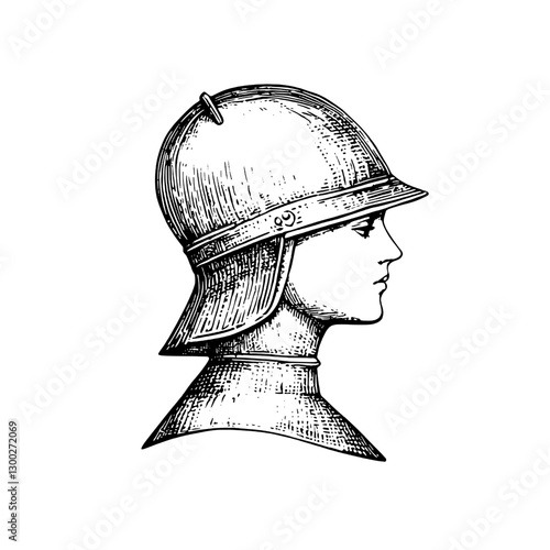 Vector engraved illustration of a medieval helmet on a soldier's head, showcasing intricate details and craftsmanship from an earlier era