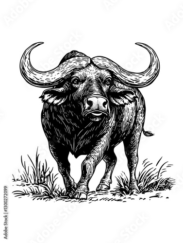 Buffalo walking through tall grass in a natural setting during a bright day