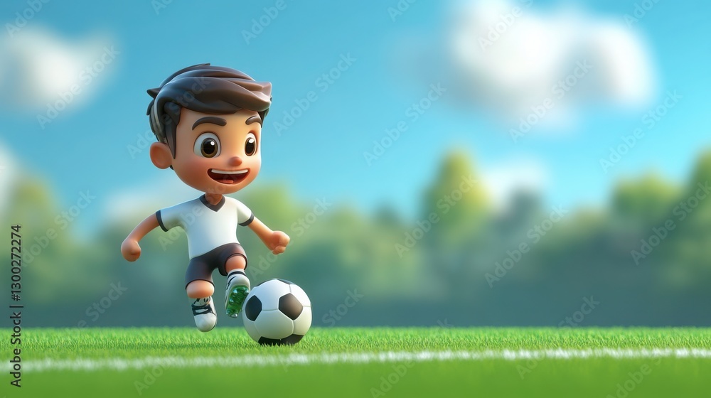 Obraz premium Energetic 3D cartoon soccer player kicking a ball, standing in front of a green sports field background
