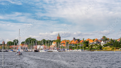 Marina and old town with Goose Tower, historic landmark of Vordingborg, south coast of Zealand, Denmark