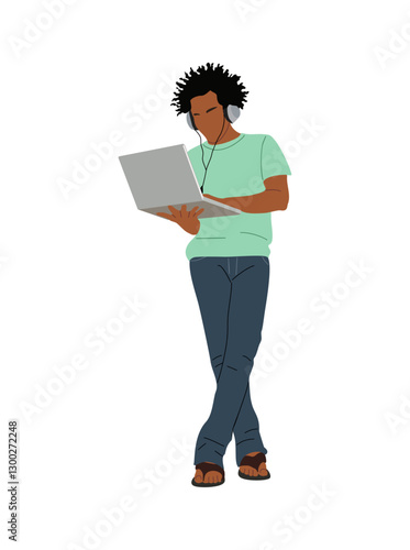 Black Business man working at laptop. Handsome african american guy wearing smart casual office outfit and headphones looking at computer. Vector realistic illustration isolated