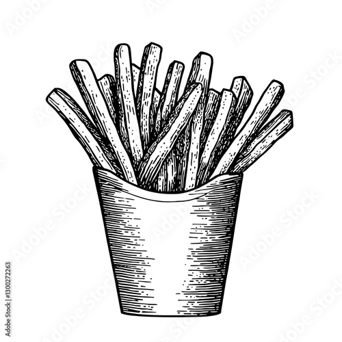 Hand-drawn vector illustration of delicious crispy french fries in a classic container