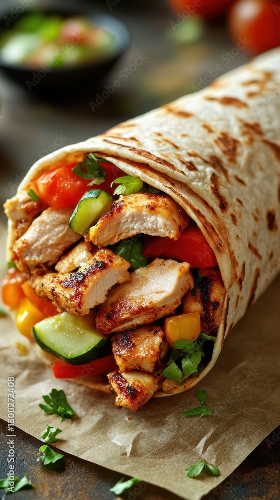 Delicious grilled chicken wrap filled with fresh vegetables ready to enjoy at lunchtime Delicious grilled chicken wrap filled with fresh vegetables ready to enjoy at lunchtime