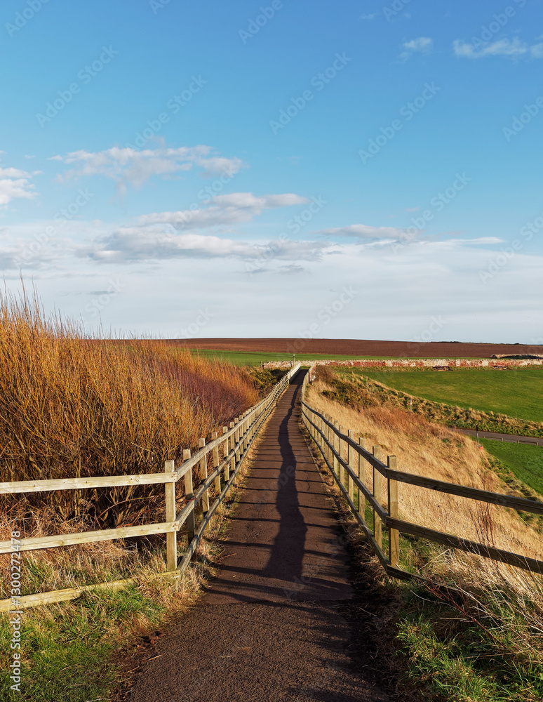 The narrow footpath at the top of Victoria Park in Arbroath looking towards the Brick Foot Bridge, with wooden fencing protecting the path. The narrow footpath at the top of Victoria Park in Arbroath looking towards the Brick Foot Bridge, with wooden fencing protecting the path.