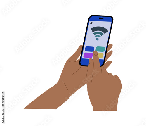 Hand holding mobile phone with web application, wi-fi connection on screen. Fingers touching, scrolling smartphone screen, using app. Flat vector illustration isolated
