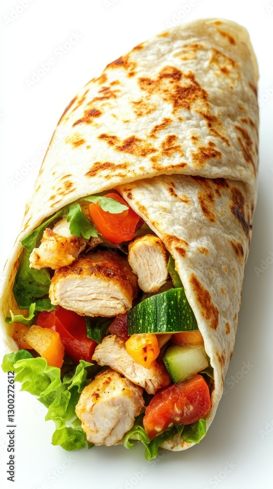 Delicious grilled chicken wrap filled with fresh vegetables prepared for a healthy meal in a casual dining setting Delicious grilled chicken wrap filled with fresh vegetables prepared for a healthy meal in a casual dining setting