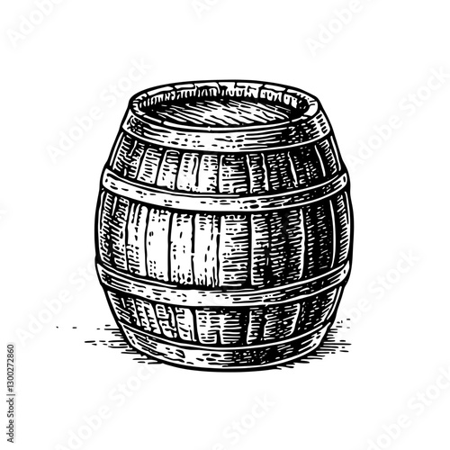 Engraved illustration of a wooden barrel showcasing traditional craftsmanship and rustic charm