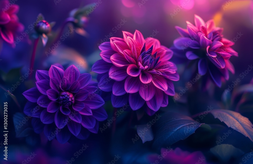 A vibrant and colorful photograph of pink and purple dahlia flowers with dark green leaves in the background. The focus is on one flower that has multiple petals A vibrant and colorful photograph of pink and purple dahlia flowers with dark green leaves in the background. The focus is on one flower that has multiple petals