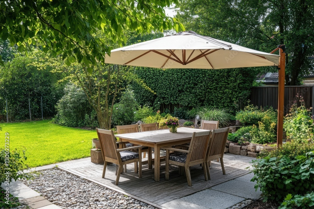 Outdoor dining set with a large umbrella, nestled in a lush green garden. A perfect setting for summer meals and relaxation. Outdoor dining set with a large umbrella, nestled in a lush green garden. A perfect setting for summer meals and relaxation.