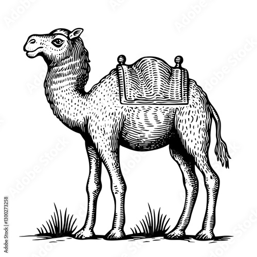 Detailed vector engraved illustration of a camel standing in a natural environment with saddle on its back