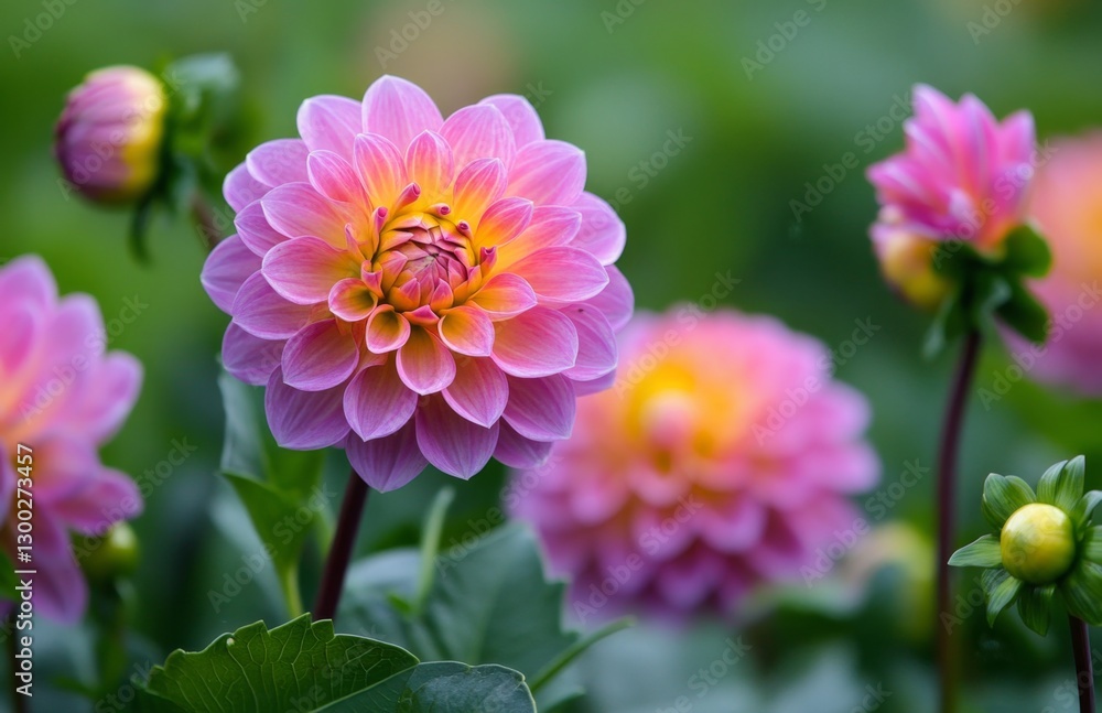 A vibrant and colorful photograph of pink and purple dahlia flowers with dark green leaves in the background. The focus is on one flower that has multiple petals A vibrant and colorful photograph of pink and purple dahlia flowers with dark green leaves in the background. The focus is on one flower that has multiple petals