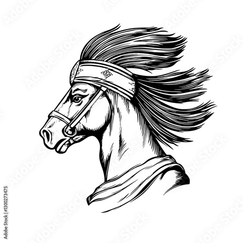 Engraved illustration of a strong horse with flowing mane and a decorated headband in a classic style