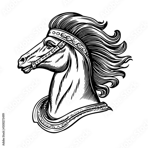 Elegant vector engraved illustration of a horse head adorned with decorative bridle and flowing mane in classic style