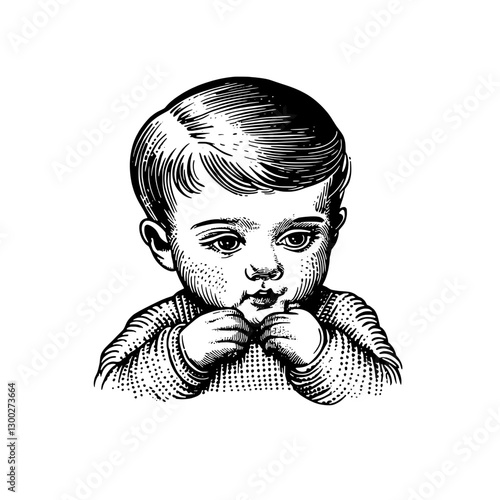 Engraved illustration of a thoughtful child with short hair engaged in a curious activity