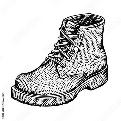 Detailed vector engraving of a sturdy boot with laces and a thick sole, showcasing craftsmanship and design elements