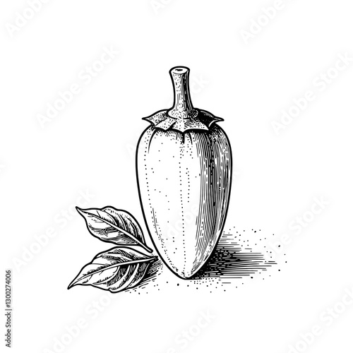 Intricate vector engraved illustration of a single eggplant with leaves on a white background