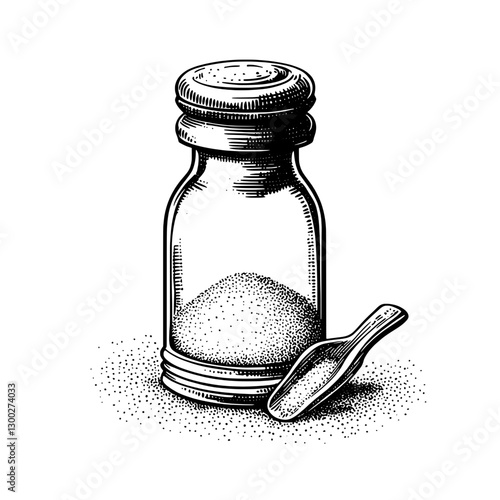 Illustration of a salt shaker and a spoon resting in a mound of salt on a surface