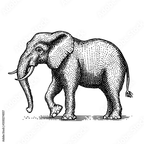 Detailed vector engraving of an elephant walking gracefully across open terrain