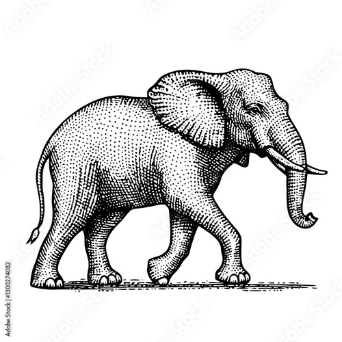 Detailed vector engraving of an elephant walking in a natural setting with intricate line work