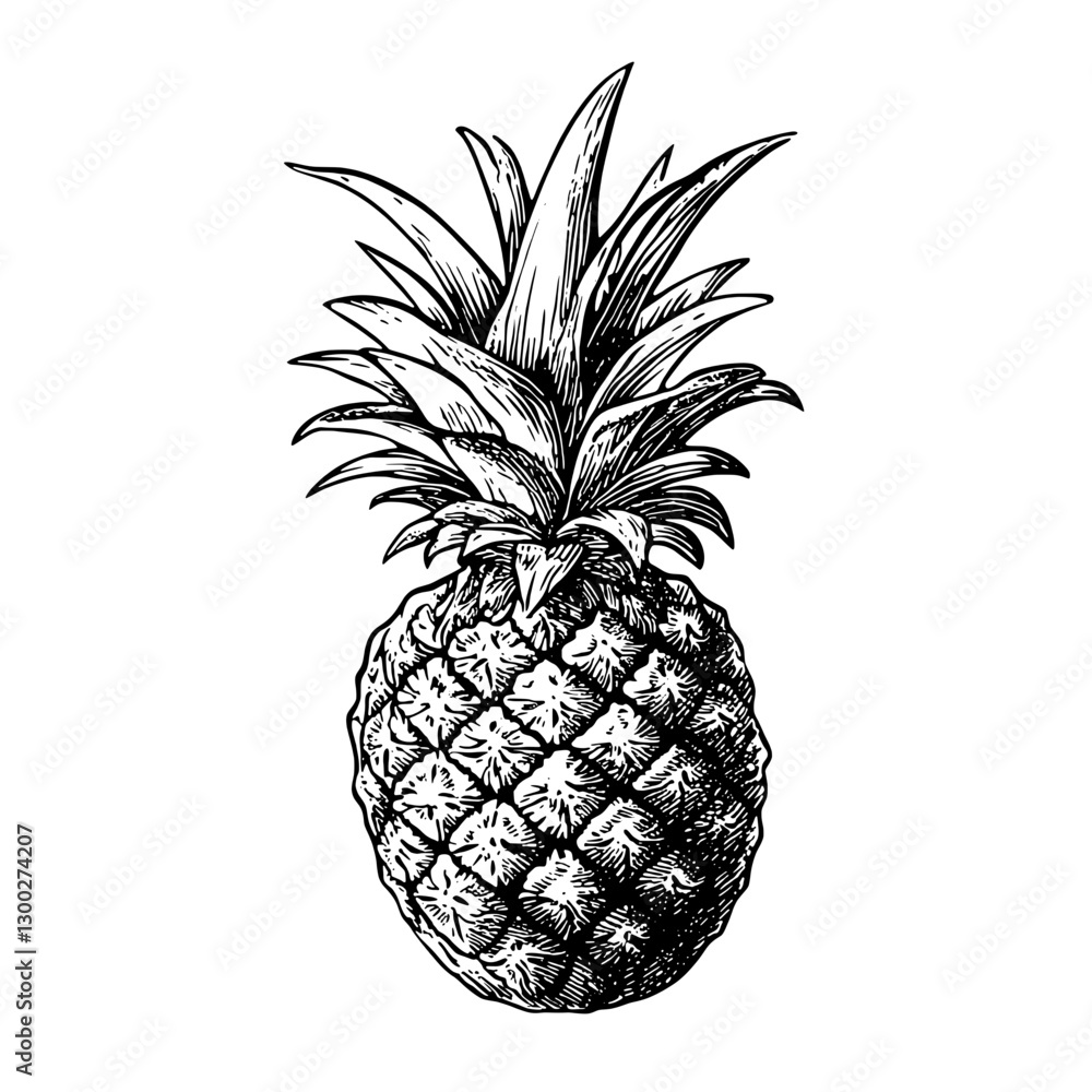 Detailed vector engraved illustration of a ripe pineapple showcasing its unique texture and foliage Detailed vector engraved illustration of a ripe pineapple showcasing its unique texture and foliage