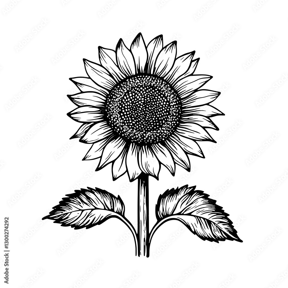 Fototapeta premium Engraved illustration of a sunflower showcasing detailed petals and leaves in a natural setting