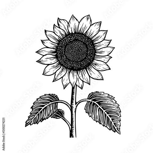 Detailed vector engraved illustration of a sunflower with intricate leaf designs and a prominent central disk