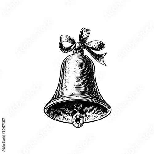 Engraved illustration of a decorative bell with a ribbon, showcasing intricate details and craftsmanship in design