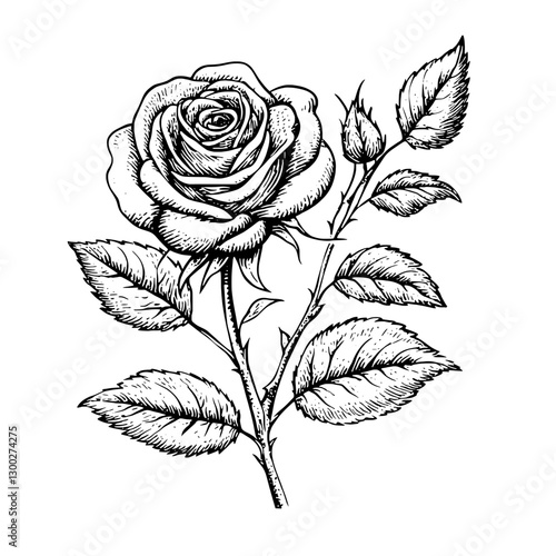 Engraved illustration of a rose with detailed petals and leaves showcasing nature’s beauty
