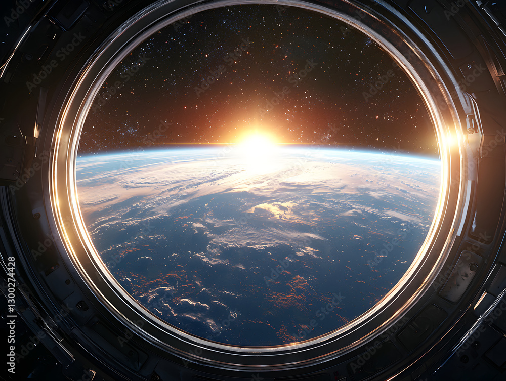 breathtaking view of Earth from spacecraft window, showcasing stunning sunrise over planet horizon. vastness of space and twinkling stars create mesmerizing backdrop breathtaking view of Earth from spacecraft window, showcasing stunning sunrise over planet horizon. vastness of space and twinkling stars create mesmerizing backdrop