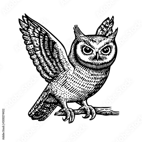 Vector engraved illustration of a perched owl with extended wings showcasing intricate details and unique features