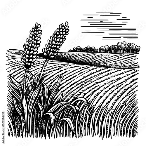 Vector engraved illustration of wheat in a vibrant countryside landscape during golden hour